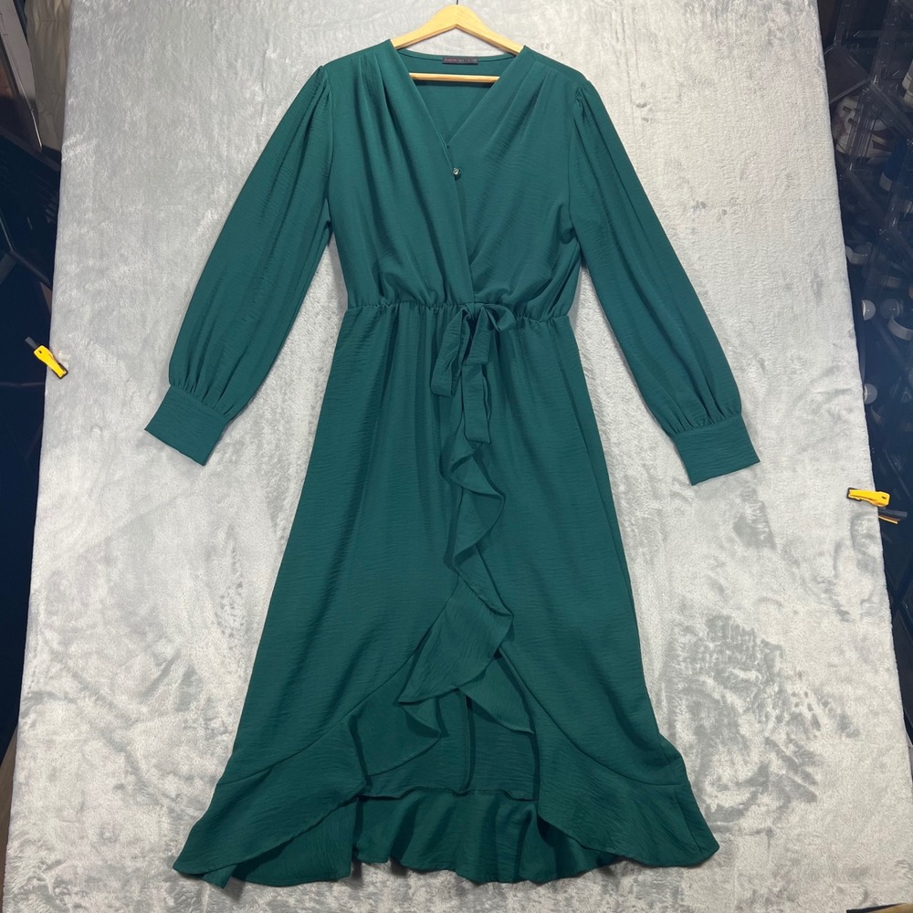 FRAICHE BY J Wrap Midi Dress Womens Large Green Ruffle High Low Hem Chic Elegant